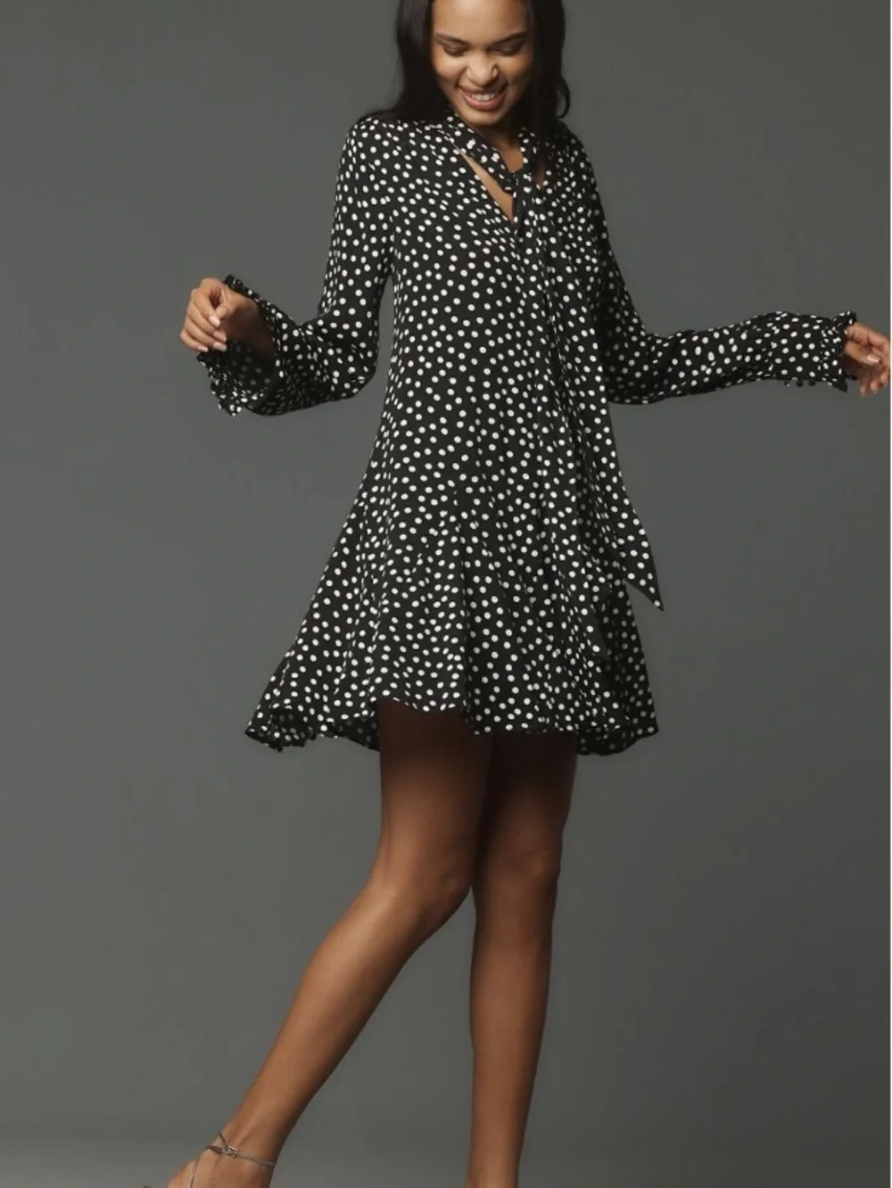 Anthropologie Polka Dot Tie-Neck Swing Mini Dress Black White S Ruffle Chic